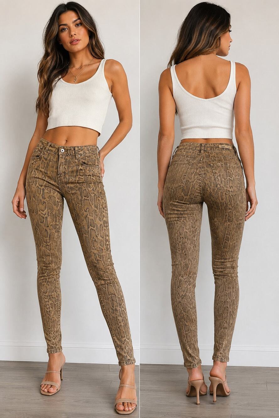Toxik3 Womens Snakeskin Print Skinny Jeans Size 38 US 6-8 Brown Animal Print